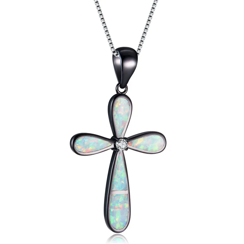 Black White Opal Boho Женский Большой Крест Подвески ожерелье s модное белое синее огненное опаловое ожерелье винтажное 925 Серебряное свадебное ожерелье s для женщин - Окраска металла: Black White Opal