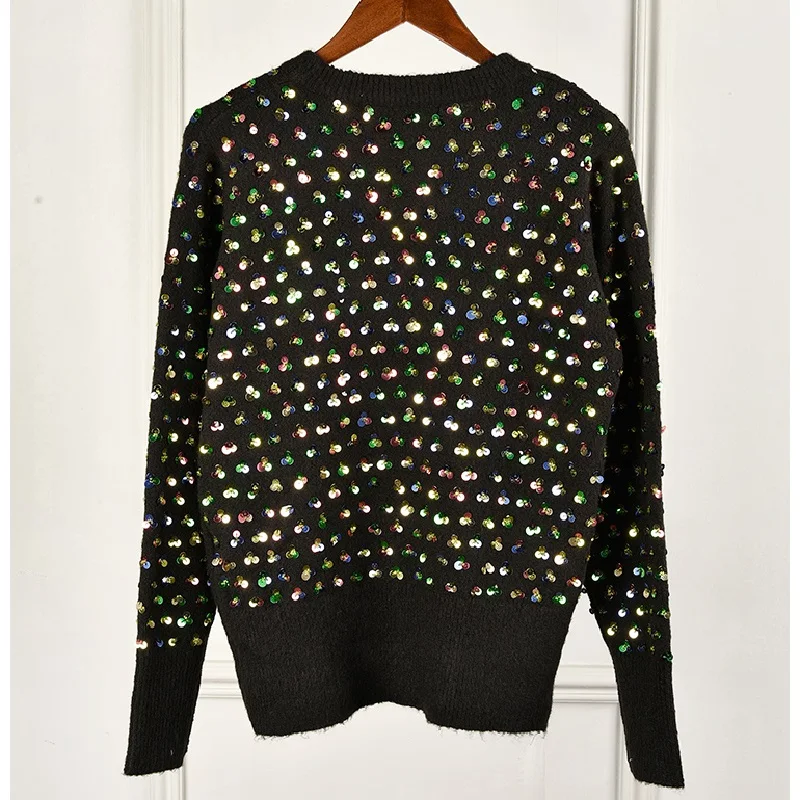 Runway 2020 Black Knitted Sweaters Pullovers Autumn Winter Long Sleeve Color Floral Sequins Luxury Jumper Lady Pull Clothing | Женская