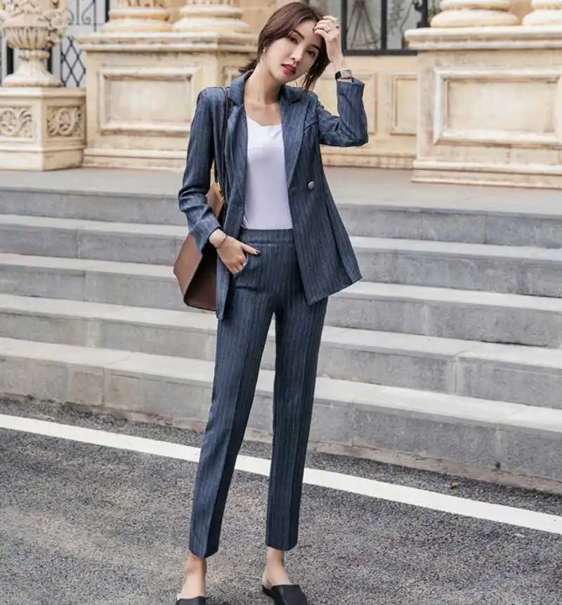 Высокое качество 2020 Осень Зима Формальные куртки и брюки Модные полосатые наборы