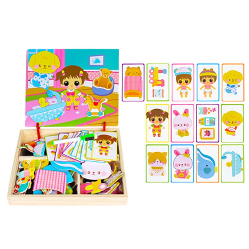 Educational Wooden Magnetic Toys Children 3D Puzzle Figure /Animals/Vehicle Drawing Board Learning Wood Toys For Kids Toys Gifts - Цвет: baby dressup