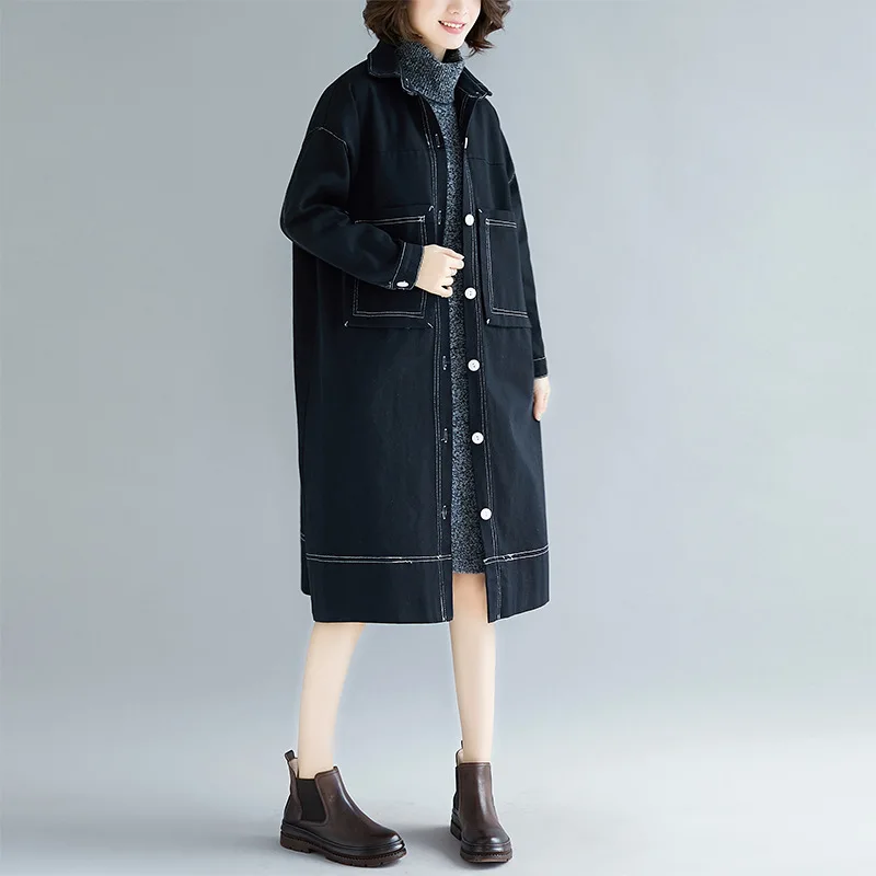 Johnature New Denim Loose Casual Korean Women Coats Autumn Winter Fashion Turn-down Collar Full Sleeve Button Women Trench