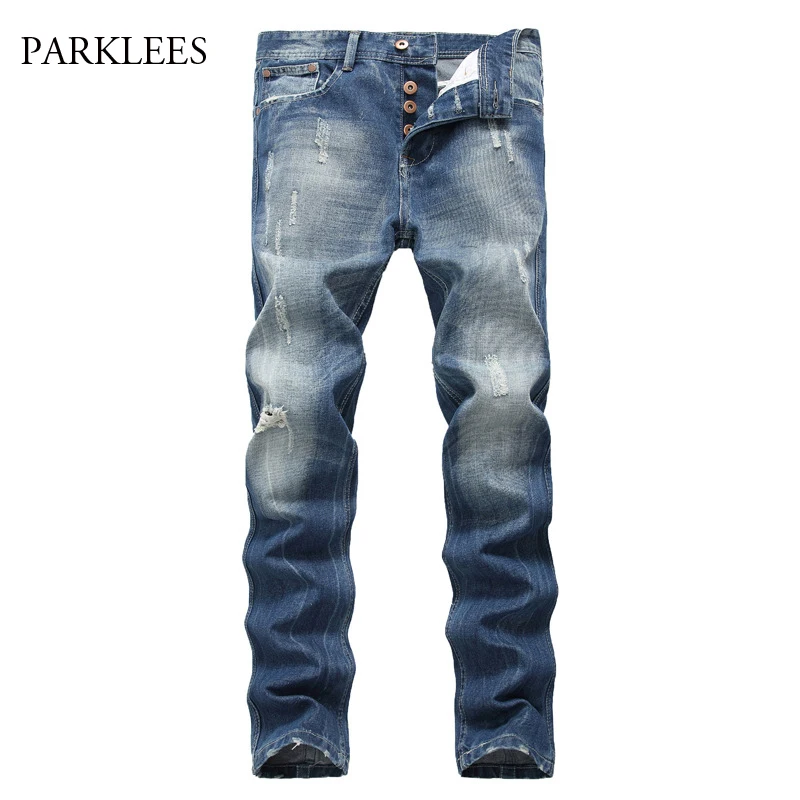 Новинка прямые джинсы мужские 2017 Осенние модные потертые хлопковые рваные