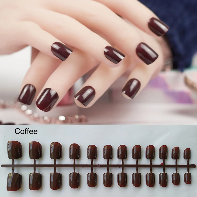 Coffee 24 шт художественные ногти чистый цвет поддельное художественное оформление ногтей короткая квадратная голова полное покрытие накладные ногти - Цвет: Coffee