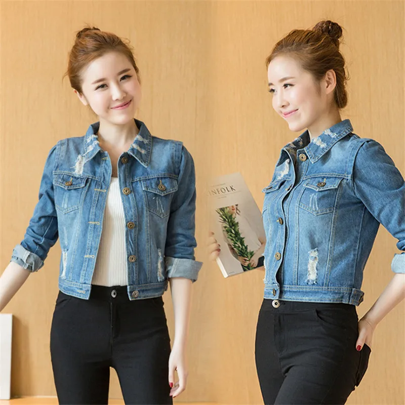 Новинка 2017 женская джинсовая куртка Весенняя мода рваные джинсы пальто с длинным