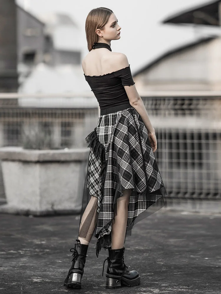 PUNK RAVE Women's GothIC Irregular Plaid Skirts with Mesh Steampunk Retro Party Skirt Gothic Daily Girls Casual Skirts