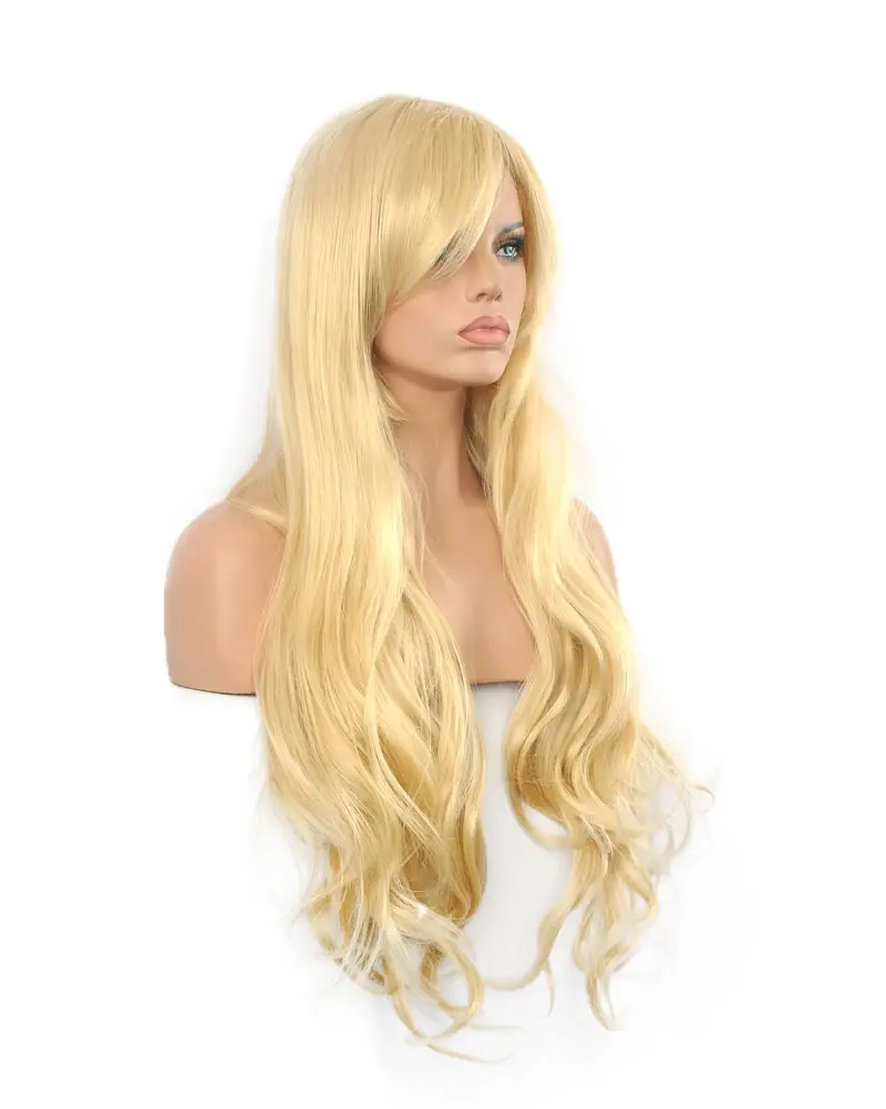FREE SHIPPING Hot Sell!!! DIY Synthetic Heat Resistant Sexy Site Bangs Hair Curly Wigs Golden Long Girl |