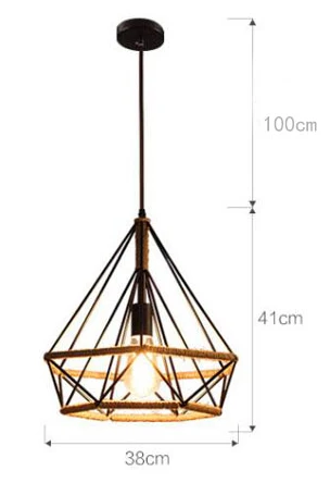 L Dia 38cm Промышленный Ретро подвесной светильник s для ресторана бара кафе магазина подвесной светильник тканая пеньковая веревка алмазная подвеска в форме клеток лампа - Цвет корпуса: L Dia 38cm