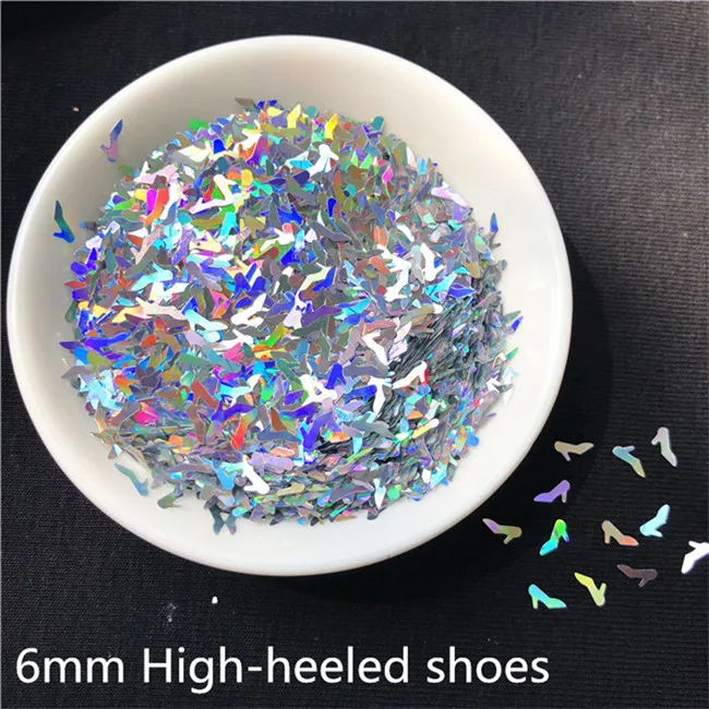 6mm Shoe 10g 10 г/упак. Лазерная Серебристая ультратонкая звезда цветок Единорог форма ногти блестки для украшения для ногтей своими руками боди арт живопись украшение - Цвет: 6mm Shoe 10g