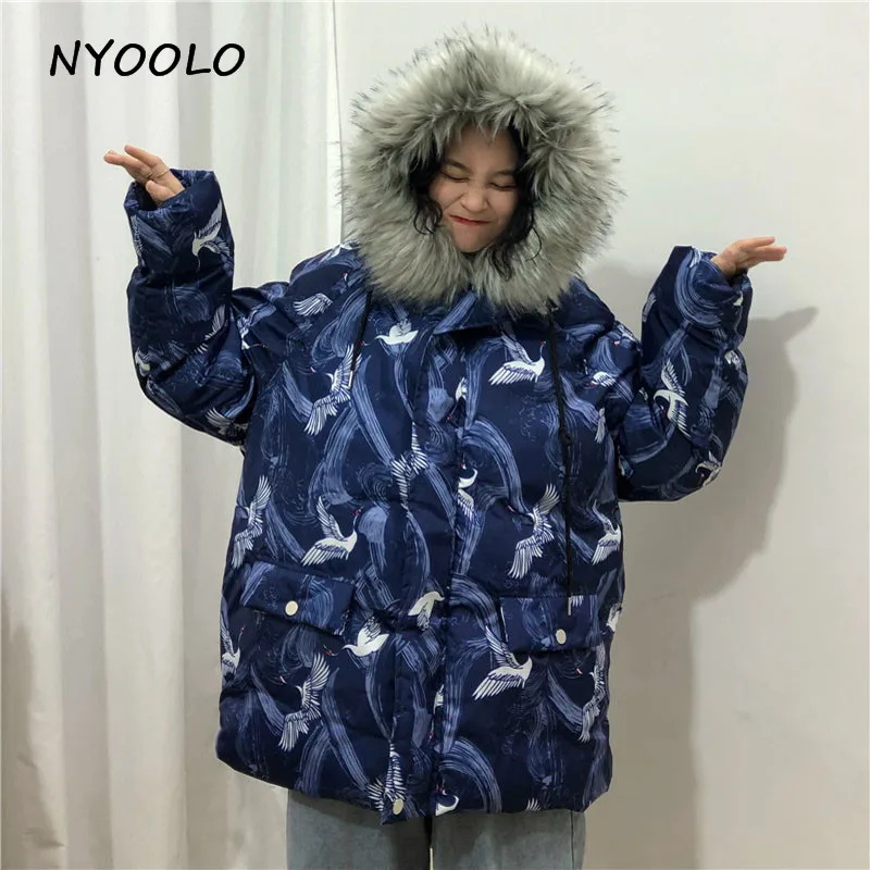 NYOOLO, зимние теплые пальто, с принтом Журавля, уличная одежда, свободный большой меховой воротник, на молнии, куртка с капюшоном, парки, Женская/Мужская одежда, верхняя одежда