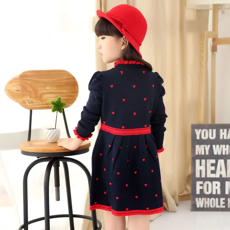Kids Girls' Fall Winter Dress One-piece Sweater with Bow Heart Shape Printed Knit 1192 | Детская одежда и обувь
