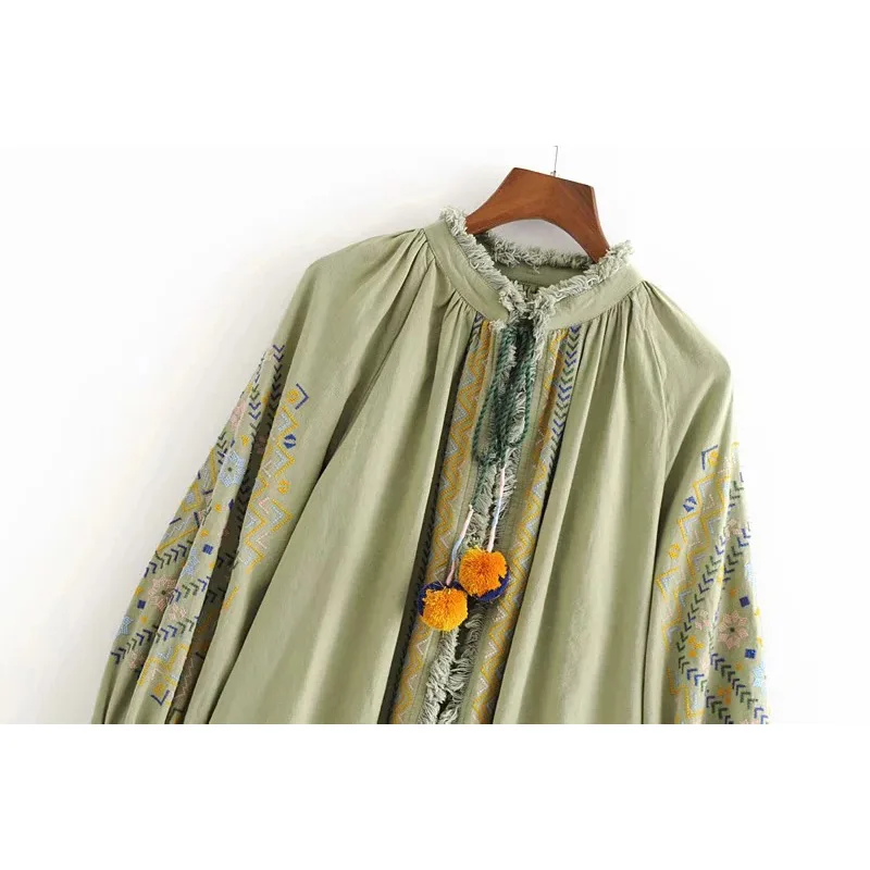 LTD1198280 ELYB New Embroidery Floral Blouses Women Drawstring Pom Ball Fluffy Shirts Lady Fashion Stand Loose Vestidos |