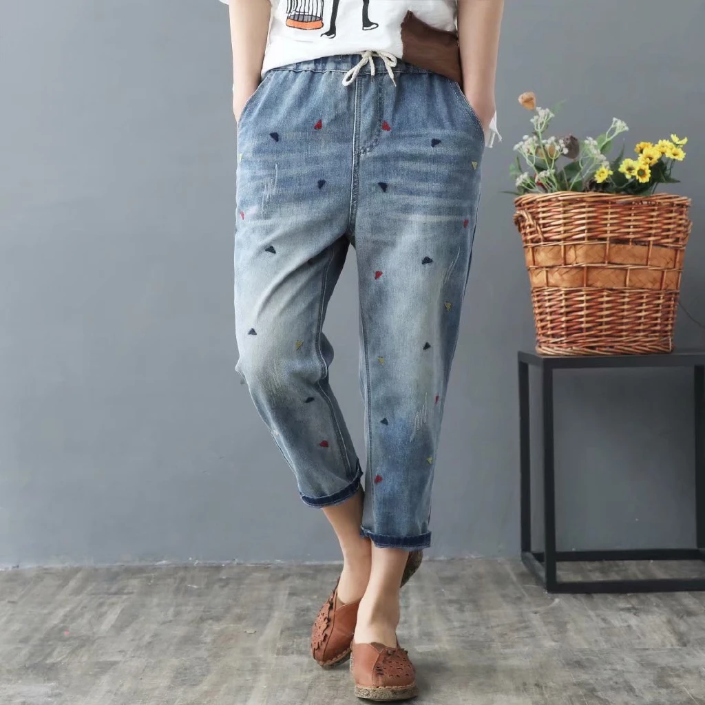 

Plus size midi waist jeans loose straight polka dot embroidery women 3/4 pants