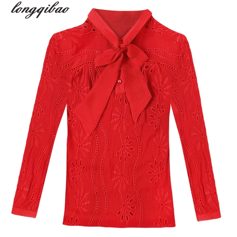 

Spring Women's new Korean version of the self-cultivation butterfly knot with hollow chiffon shirt TB7358