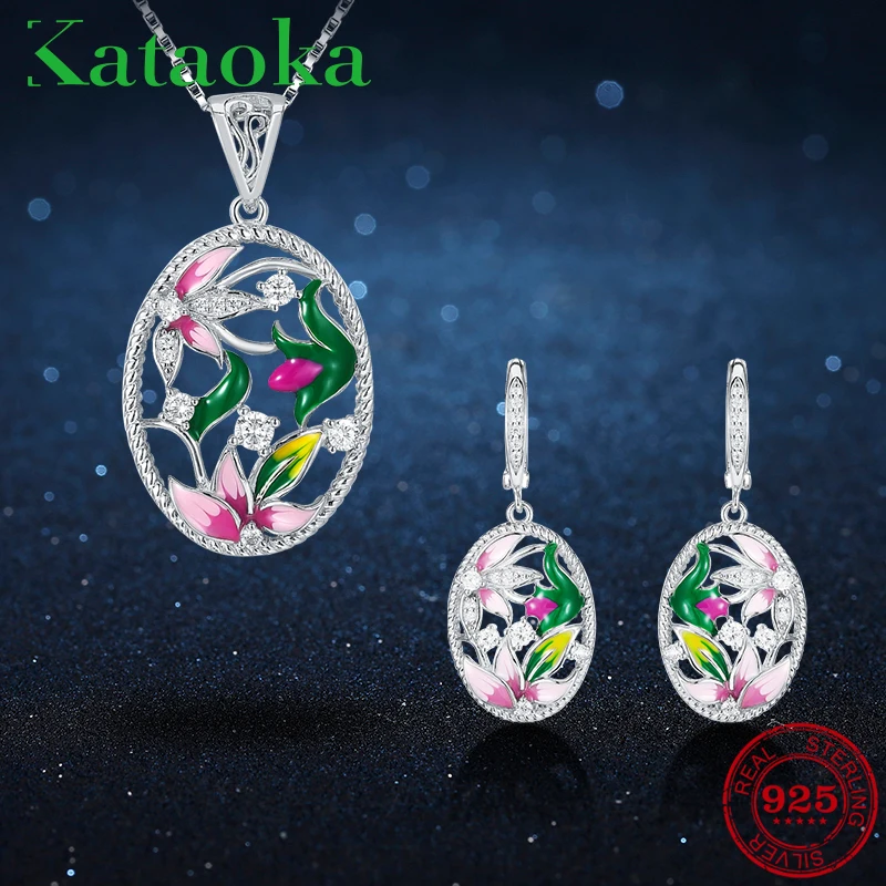 Round Stud Earrings 925 Sterling Silver Flowers Clear crystal CZ Pendant Jewelry Set For Women Necklace Fashion Gift | Украшения и