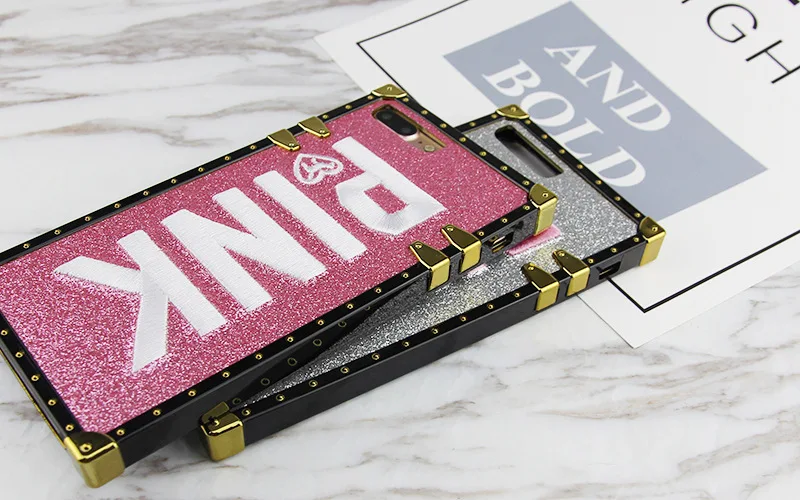 Brand PINK Case For Iphone XS Max X XR 7 8 Plus Square Samsung Galaxy S10 E S8 S9 Note 9 Bling Glitter Secret Cover |