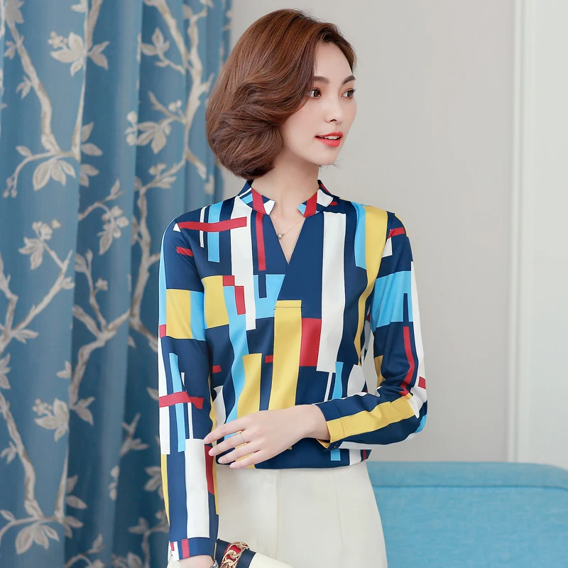 Женский Осенний геометрический узор с v образным вырезом и длинными рукавами