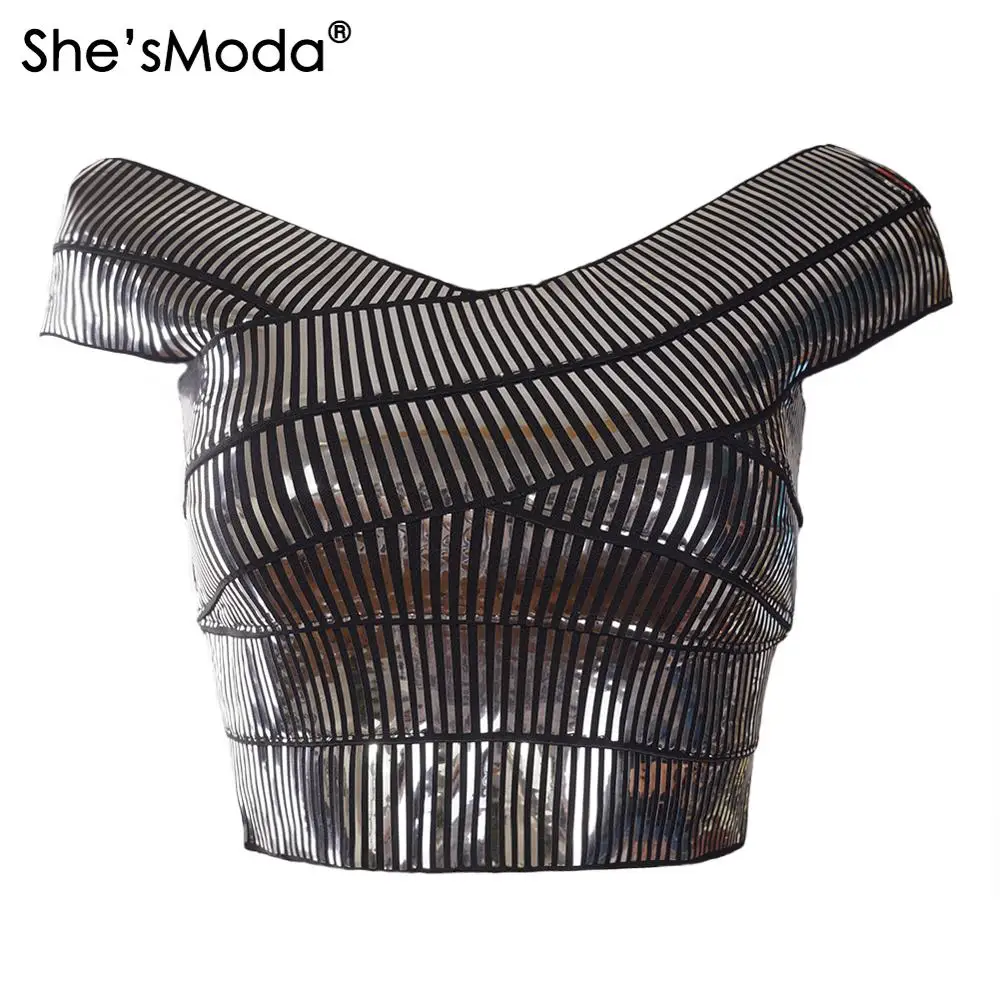 She'sModa Mirro бандаж воротник-лодочка тонкие женские укороченные топы из спандекса