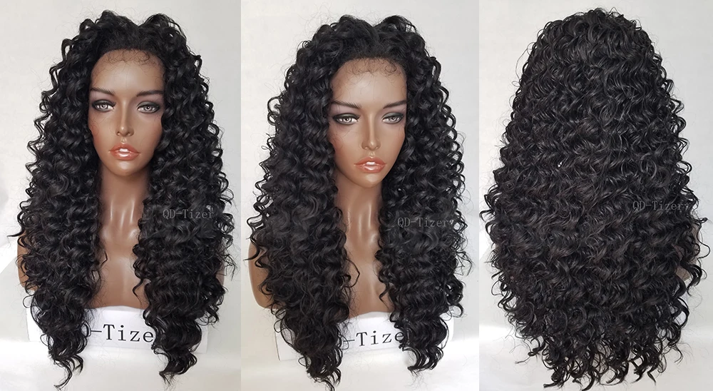QD-Tizer парики на кружеве черный цвет 180 плотность кудрявые волосы без клея термостойкие синтетические парики на кружеве для женщин