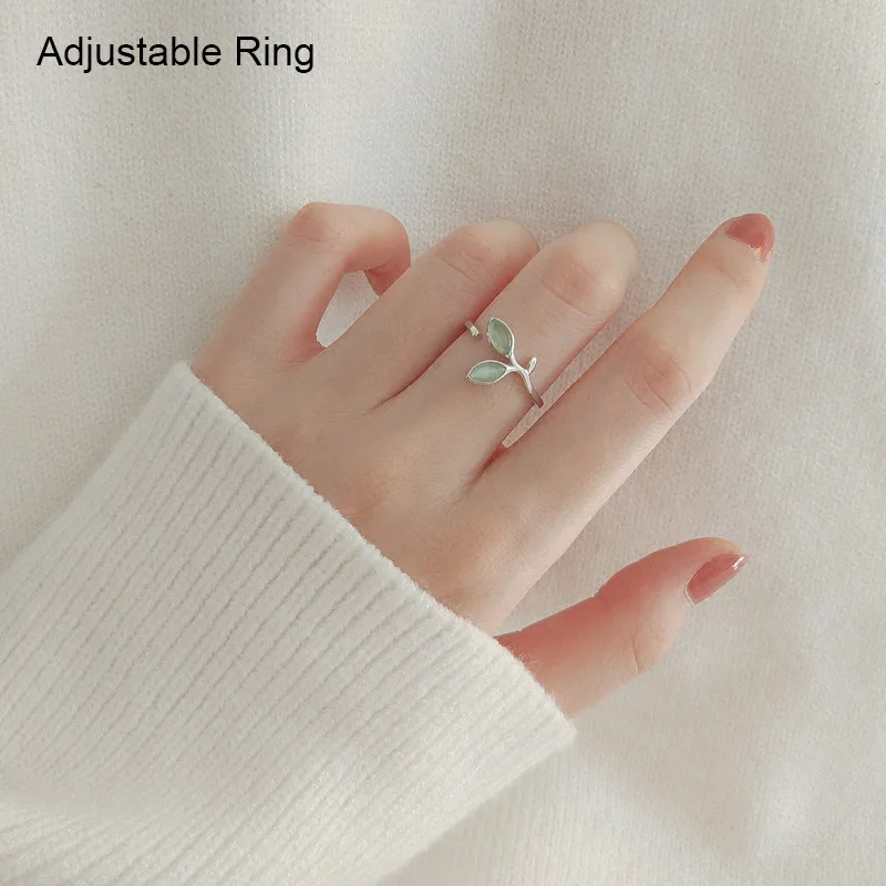 Adjustable ring Серебряные зеленые опаловые листья, бутоны, серьги-гвоздики для женщин, 925, предотвращают аллергию, модные ювелирные изделия, лучшие подарки для девушек - Окраска металла: Adjustable ring