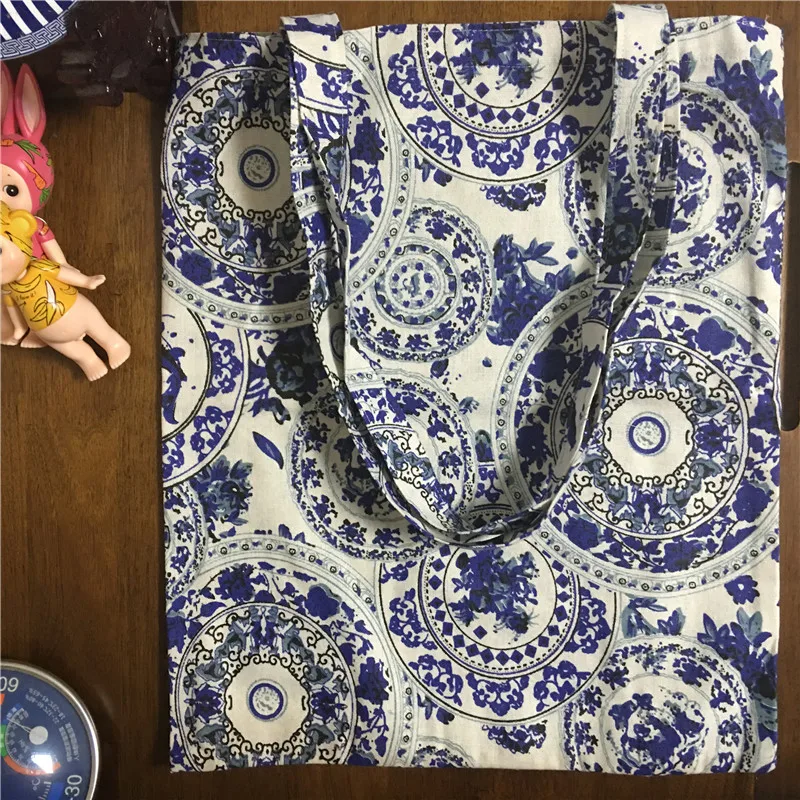 

Женская Экологичная Сумка-тоут из хлопка и льна, наплечная сумка с принтом, синего и белого цветов, 17594