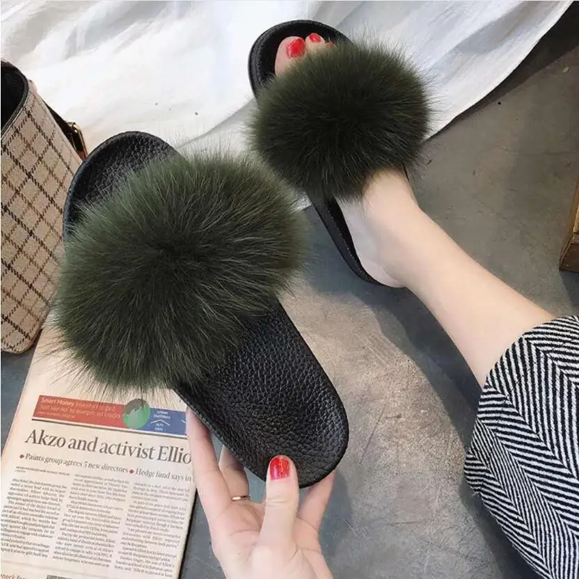 FXFURS/ г.; летние модные шлепанцы из лисьего меха; Коллекция года; тапочки из натурального меха енота; Домашние уличные сандалии; очень роскошные - Цвет: green