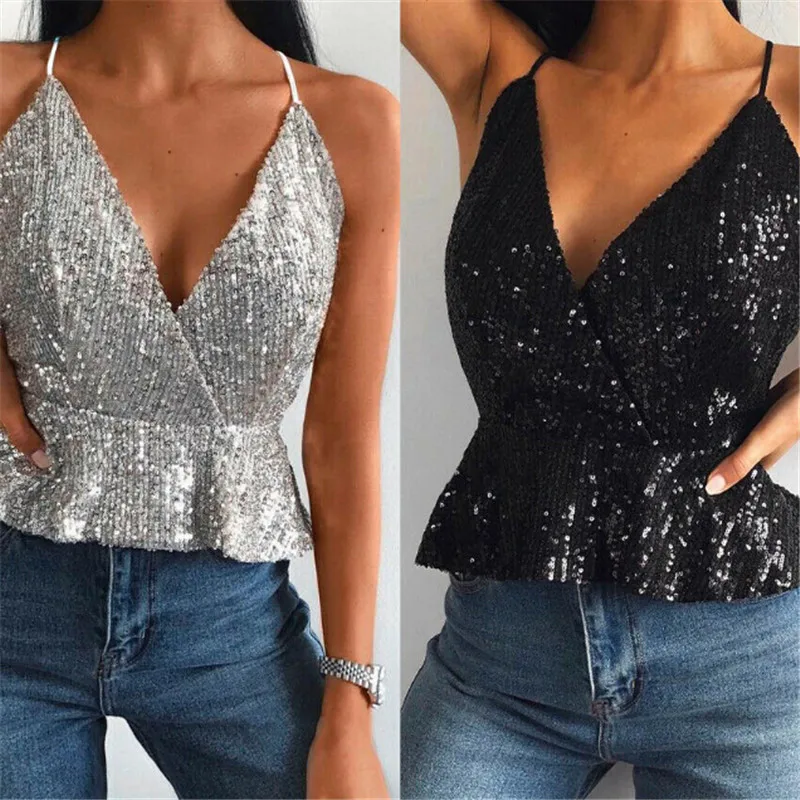 Модная сексуальная женская одежда сарафан sequin zipper Vest без рукавов v-образный вырез Свободные майка из полиэстера one pieces