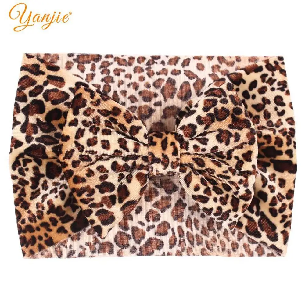 YANJIE Winter Leopard Velvet Solid 5&quot Hair Bows Headband For Girls Trendy Floral Bow Head Wrap Elastic Accessories Turban - купить по