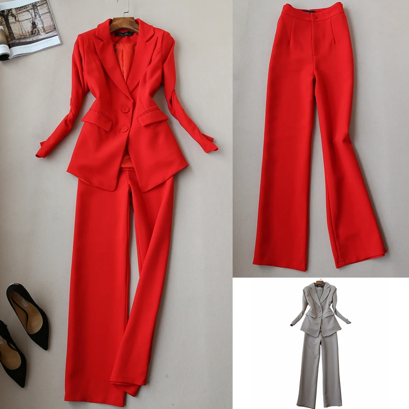 Red ladies suit autumn newfashion temperament commuter suit female Slim long sleeve small suit straight pants trousers two-piece