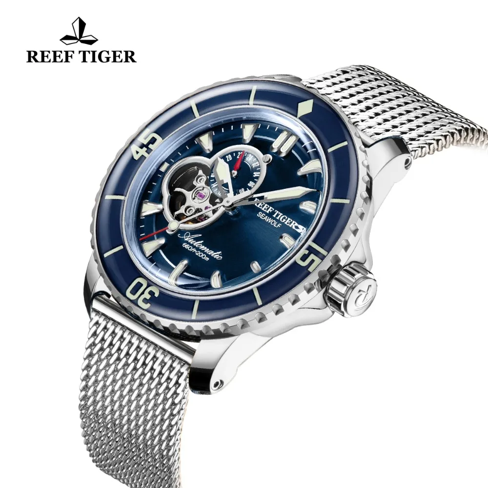 

Reef Tiger/RT Men's Dive Sport Watch with Date Black Dial Stainless Steel Band Super Luminous Skeleton Automatic Watches RGA3039