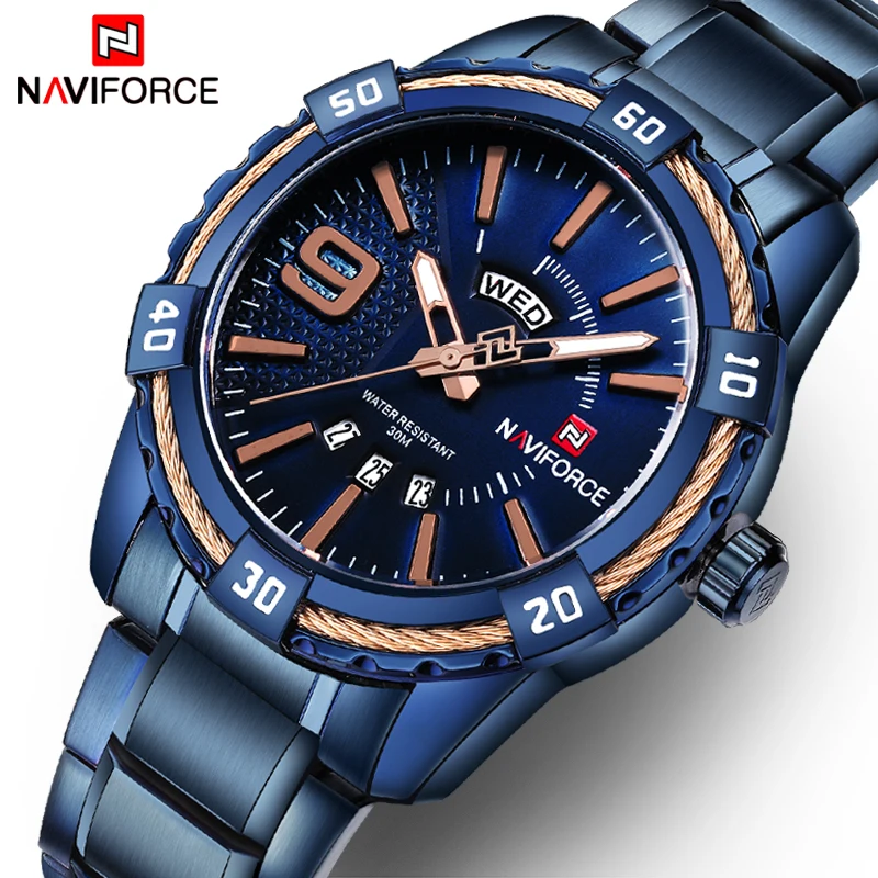 Часы NAVIFORCE мужские водонепроницаемые с синим циферблатом из нержавеющей стали