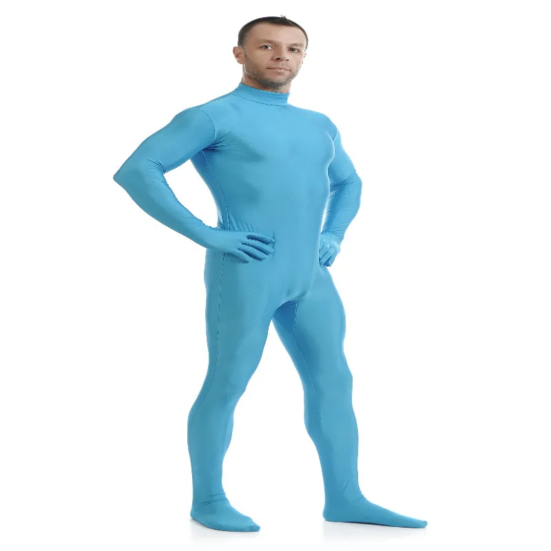 Light Blue Настраиваемый Экзотический Костюм зентай, мужской костюм зентай для всего тела, костюм зентай с капюшоном на молнии, обтягивающие кожаные костюмы, Одежда для танцев с руками - Цвет: Light Blue