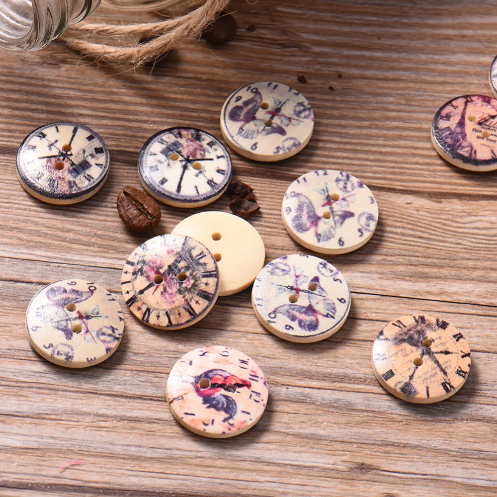 50 шт./лот Ретро часы винтажные деревянные пуговицы с 2 отверстиями высокой
