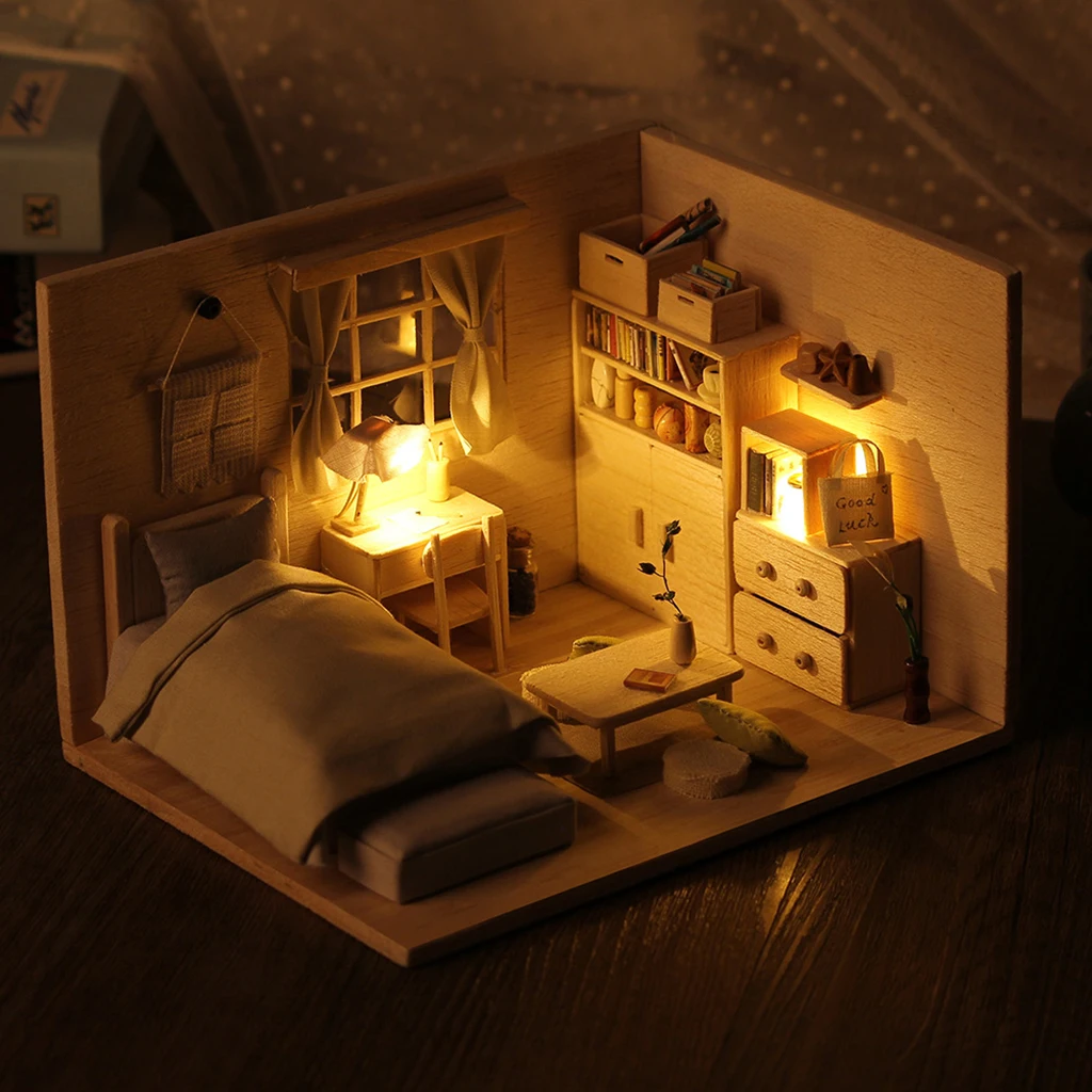 Деревянный DIY Набор для кукольного домика 1:24 кукольный домик миниатюрная спальня с мебели и светодиодный светильник, отлично подходит для Дня Святого Валентина/подарок на день рождения