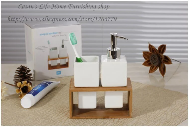 

Hot new products,modern minimalist style of high-grade ceramic+bamboo rack two piece of bathroom sets,emulsion bottle/mouth cup