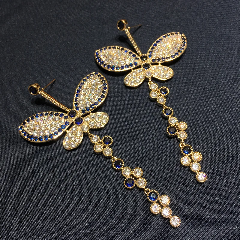 

Bilincolor fashion trendy cute cubic zirconia long butterfly wedding bridal long black drop earring for women