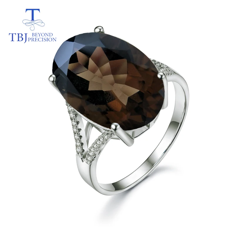 TBJ, большой натуральный драгоценный камень 11ct дымчатый кольца белого цвета 925 пробы драгоценности из серебра и камней для женщин с коробкой, Подарок на годовщину