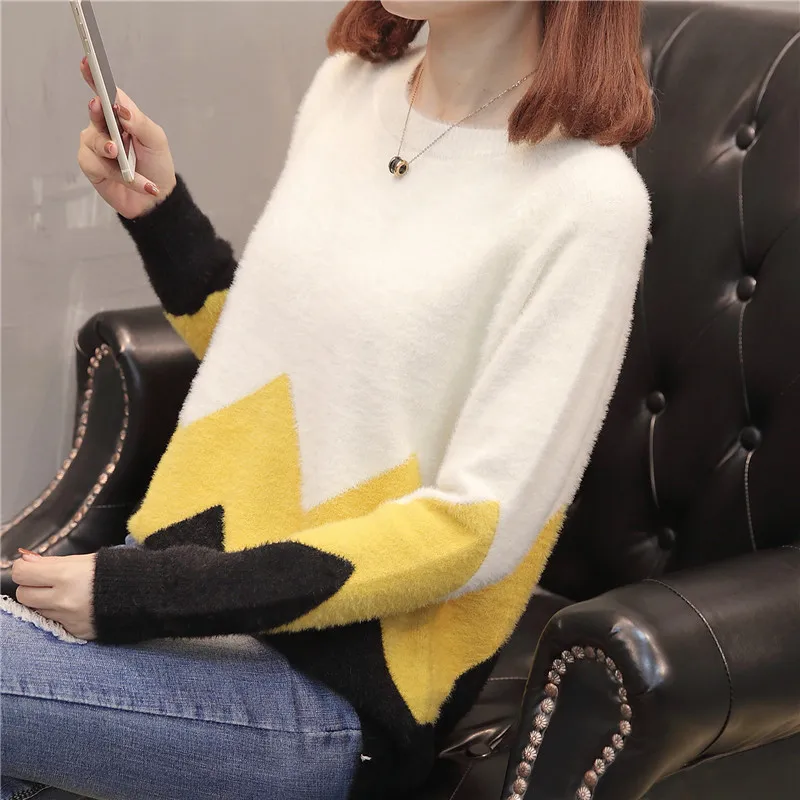Spring Autumn Women Sweater 2019 New Color Matching Round Neck Pullover Fashion Short Knitted Loose Ladies Knitwear Lj82 | Женская