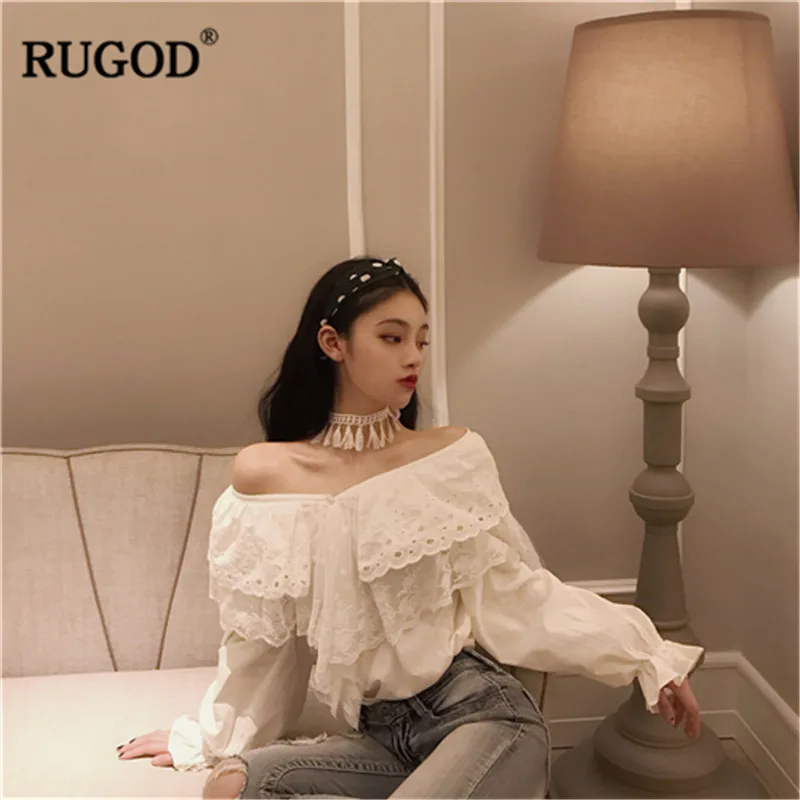 RUGOD Сексуальная кружевная блузка с открытыми плечами женская модная оборками