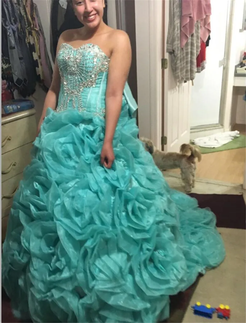 Органза Бисероплетение оборками Милая Шея бальное платье синее Quinceanera платья