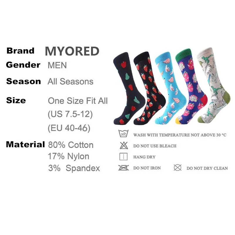 MYORED, 5 пара/лот, мужские носки, забавный динозавр, цветные свадебные носки, чёсаный хлопок, фруктовый узор, Мужская одежда, Calcetines de hombre