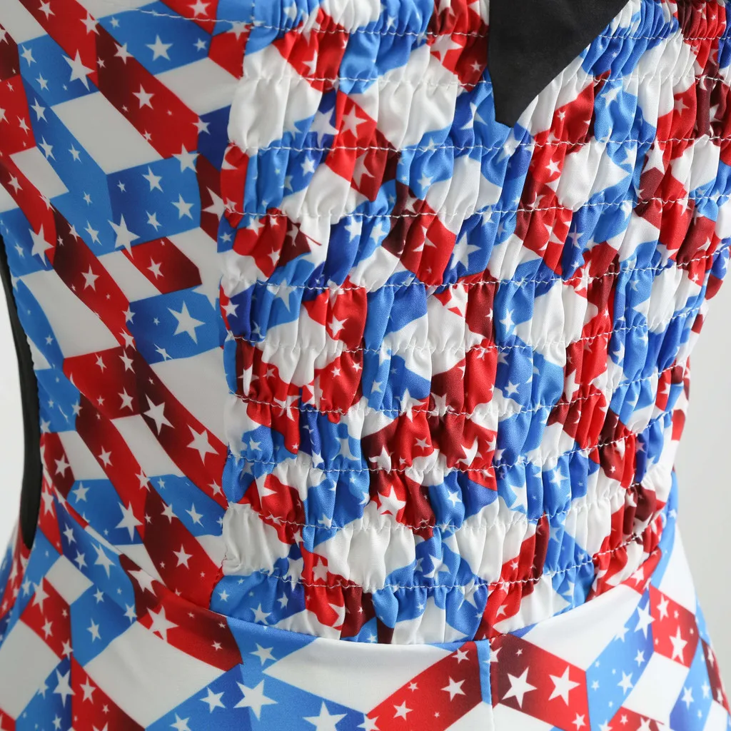 Women Independence Day Halter Neck Flag Print Stitching Buttons Big Swing Dress Summer Elegant High Waist Casual Ball Gown | Женская
