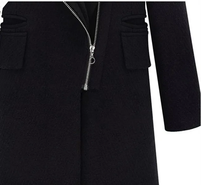 

cashmere wool blend thicken fabrics fox fur collar women's fashion mid-long overcoat black XS-2XL