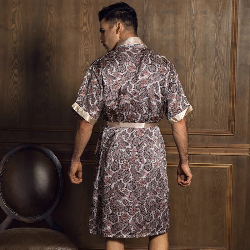 Летний Благородный Сексуальный Атласный Шелковый мужской Халат модный принт с