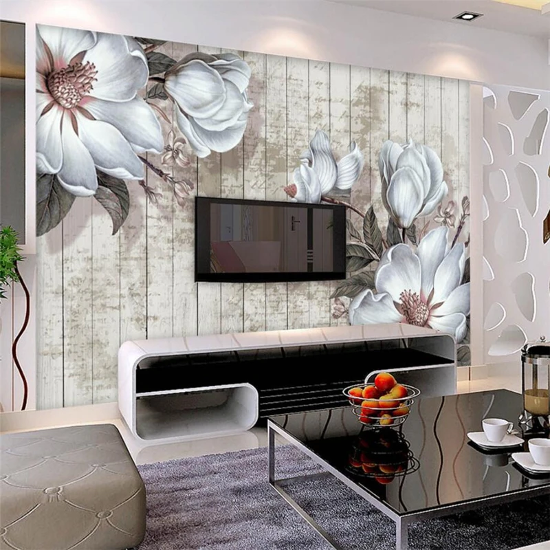 

beibehang Wallpaper custom mural wallpaper living room bedroom hand-painted white flower wood background home decor