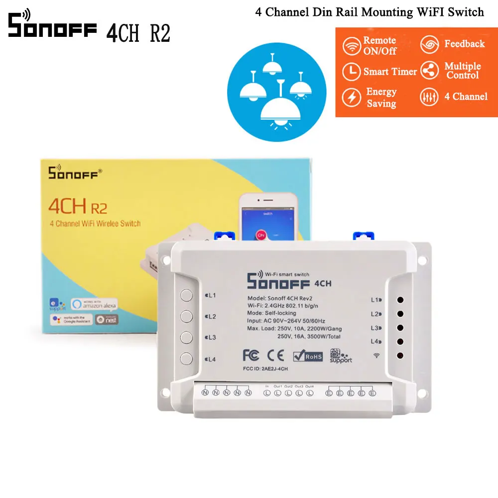 Sonoff 4CH Wifi умный светильник R2 версия 4 банда дистанционное управление приложение Ewelink 10А 2200 Вт работает с Alexa Google Home