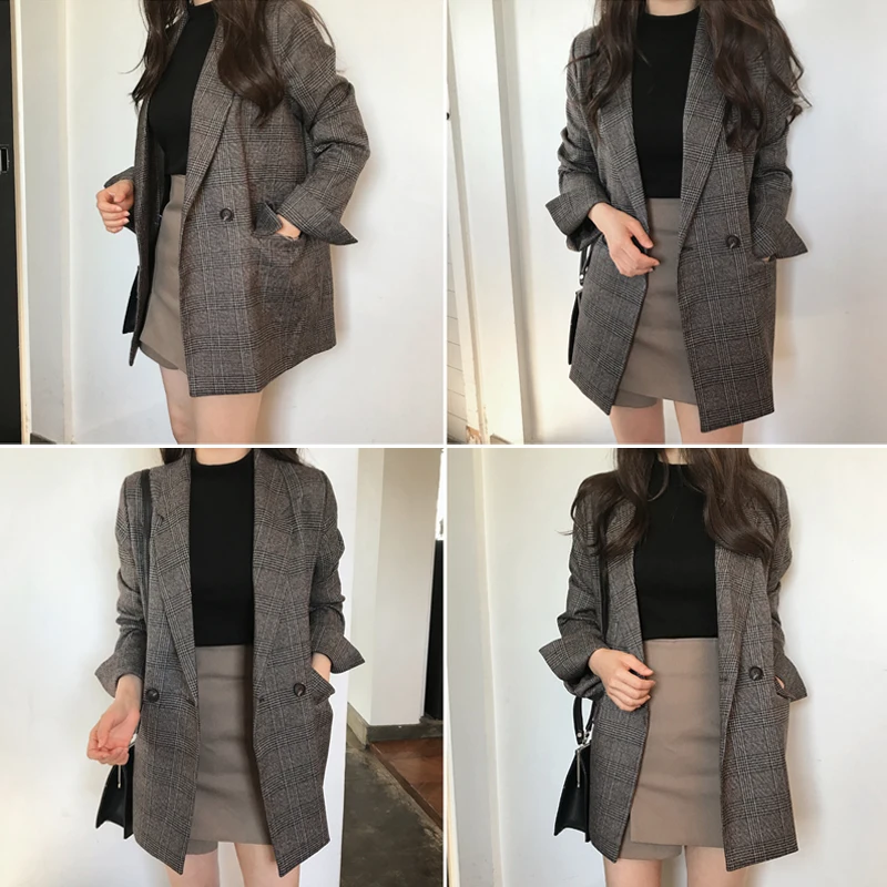2021 Spring autumn Plaid Blazer Women double breasted Long Sleeve Suit Jacket Female Casual Coat |