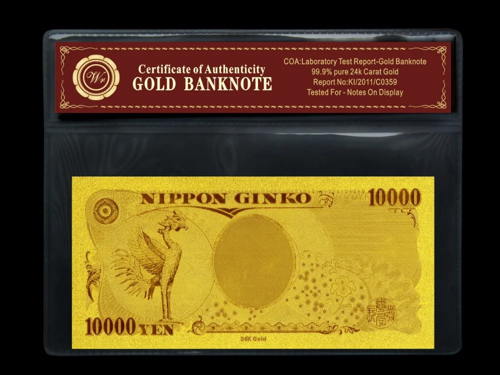 Золотая банкнота японская фальшивая 10000 иен 99.9% золото с рамкой из ПВХ|gold bnc|gold