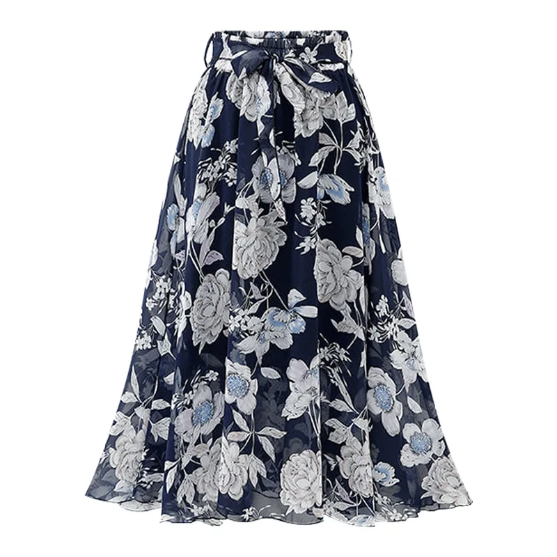 

Summer Casual Mid-length skirt female2019 lace-up chiffon floral skirt high waist plus size long skirt yarn midi girls skirts