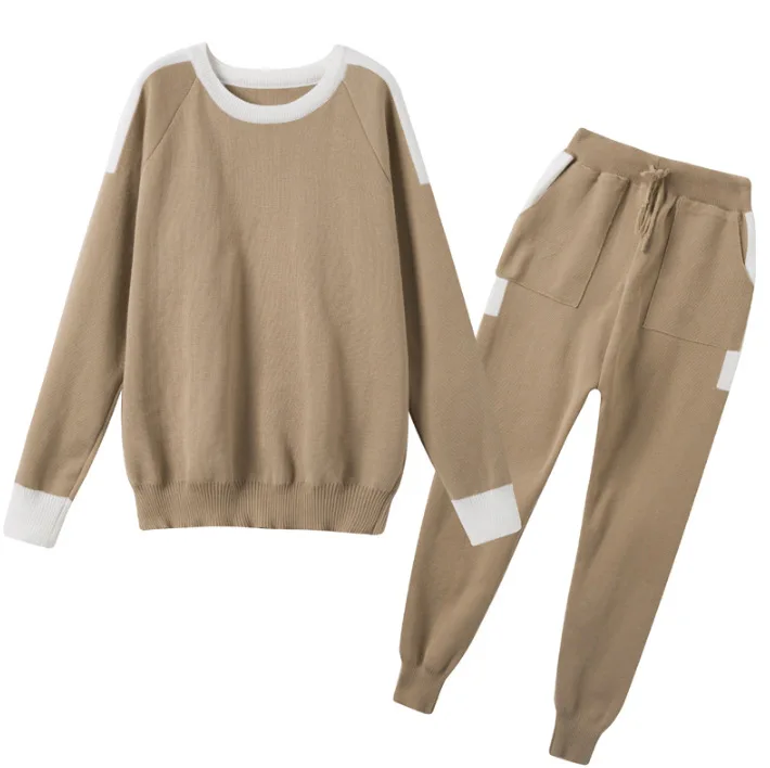 2017 осенне зимний цветной свитер с круглым вырезом брюки вязаный спортивный