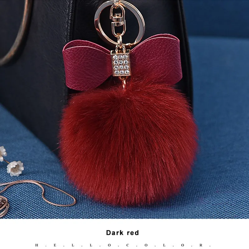 Dark red Высокое качество пушистый искусственный кролик Мех животных помпонами брелок кристалл кожи лук-узел Для женщин брелок кольцо Держатель Сумочка автомобиль кулон - Цвет: Dark red